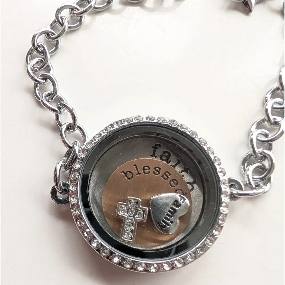 Origami Style Silver Tone Magnetic Locket Floating Charm Faith Blessed Bracelet